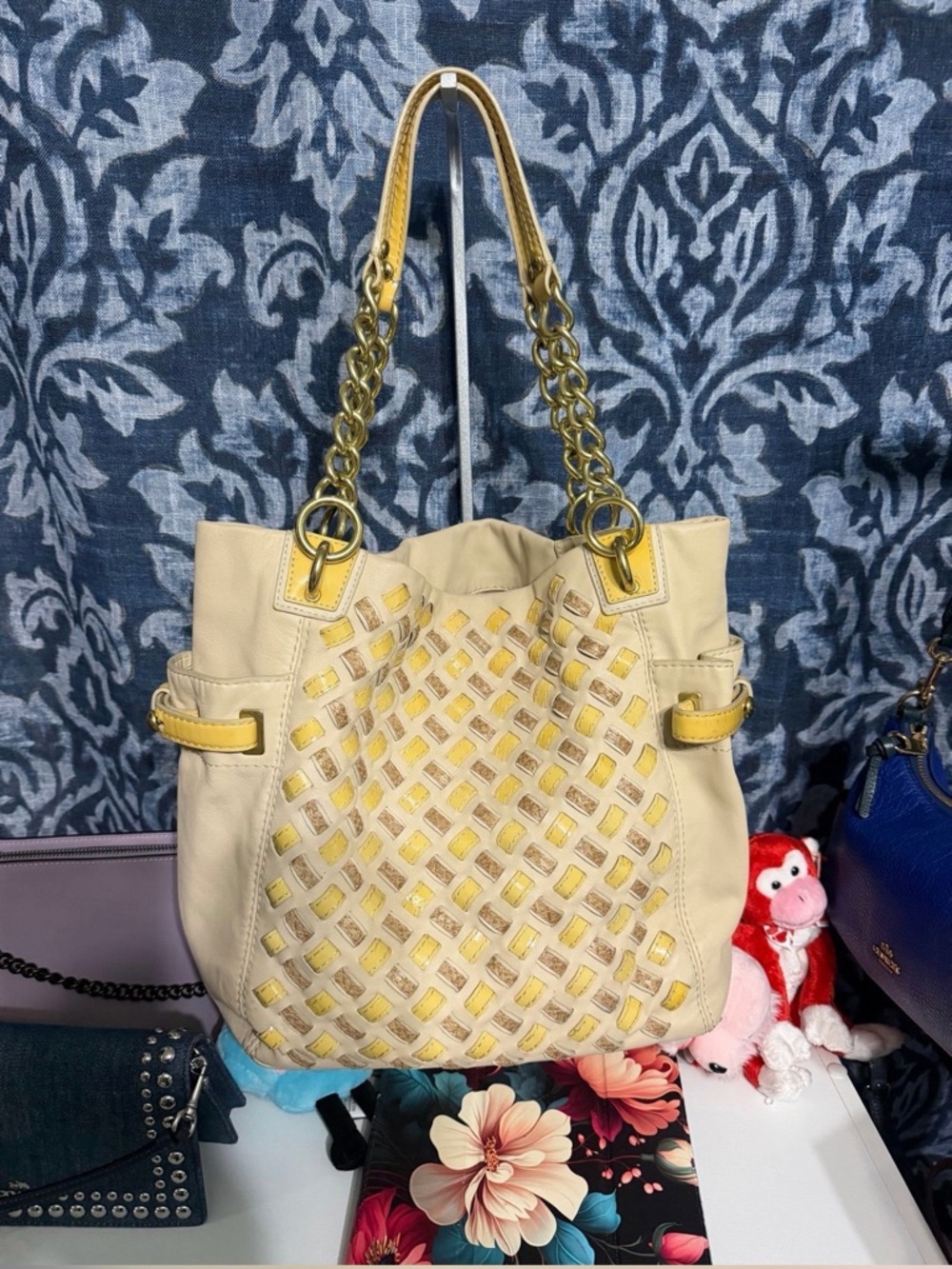 Coach Cream and Yellow Woven Leather Tote